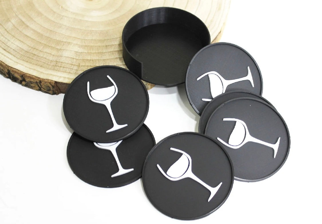 Wine Glass Coaster Set – 3D Printed (Set of 6 with Holder)