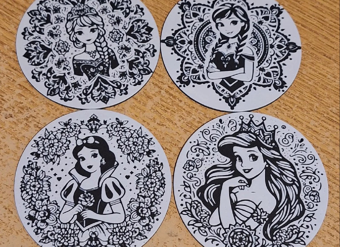 Disney Princess Mandala Coaster Set – 3D Printed Set of 4