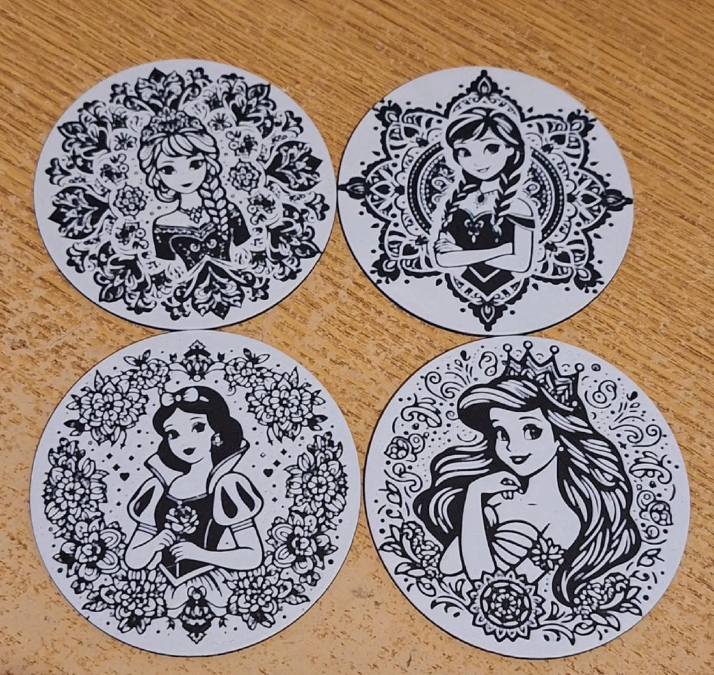 Disney Princess Mandala Coaster Set – 3D Printed Set of 4
