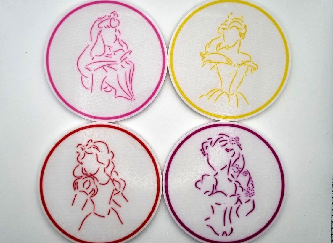 Disney Princess Line Art Coaster Set – 3D Printed Set of 4 (Iridescent)