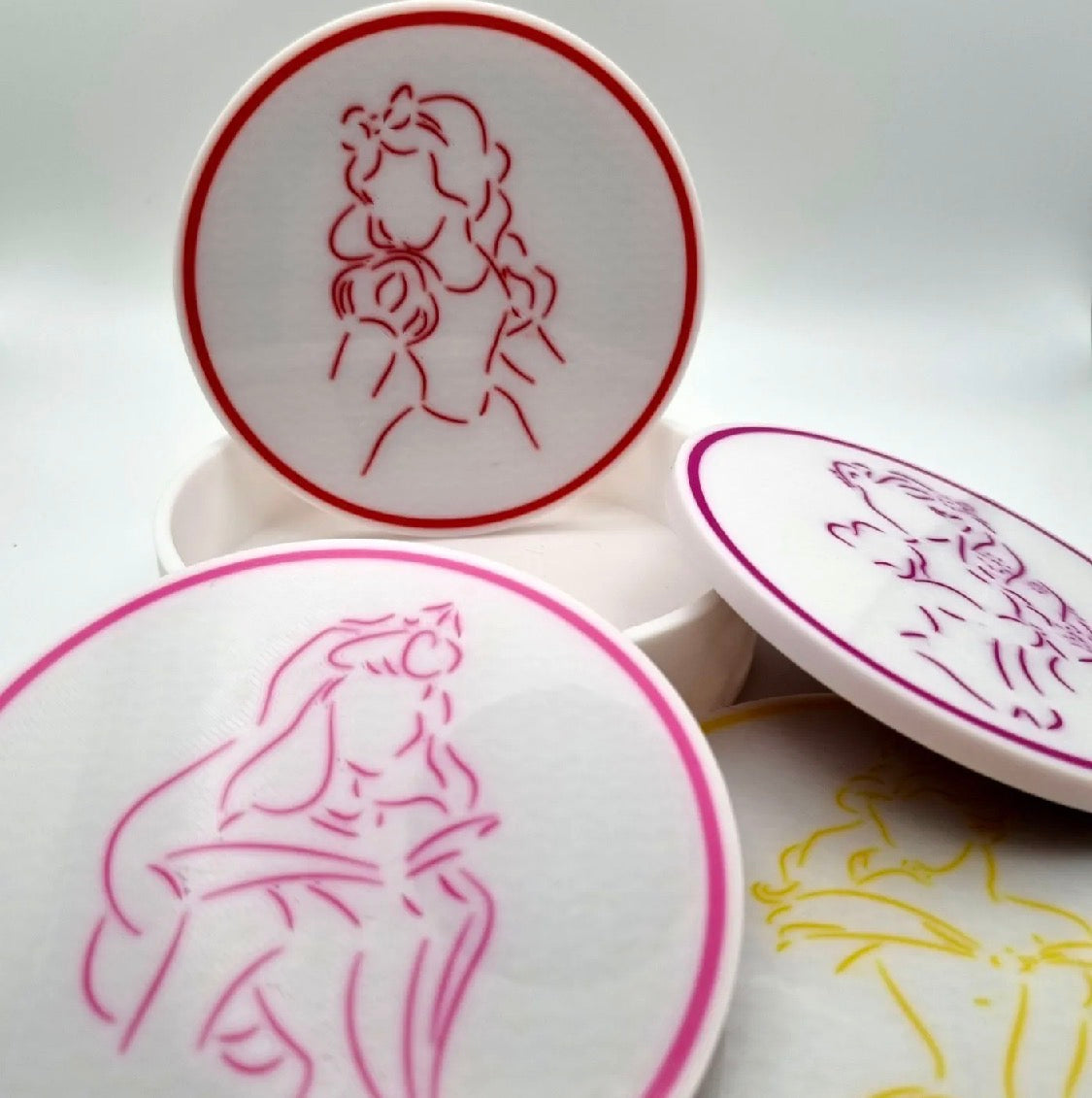 Disney Princess Line Art Coaster Set – 3D Printed Set of 4 (Iridescent)