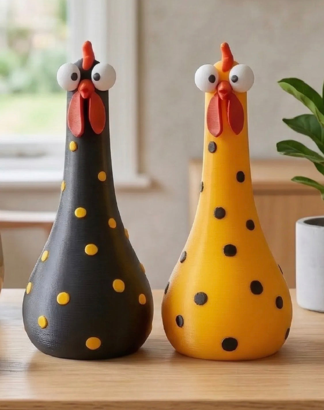 Polka Dot Googly Eye Chicken Figurines – Set of 2