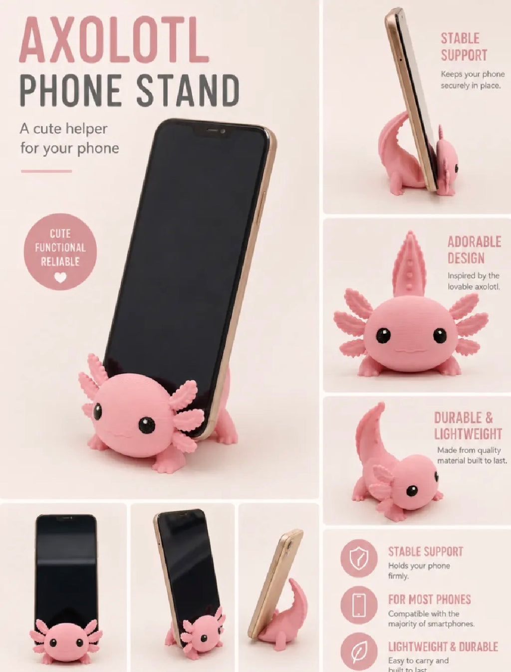 Axolotl Phone Stand | 3D Printed Cute Phone Holder
