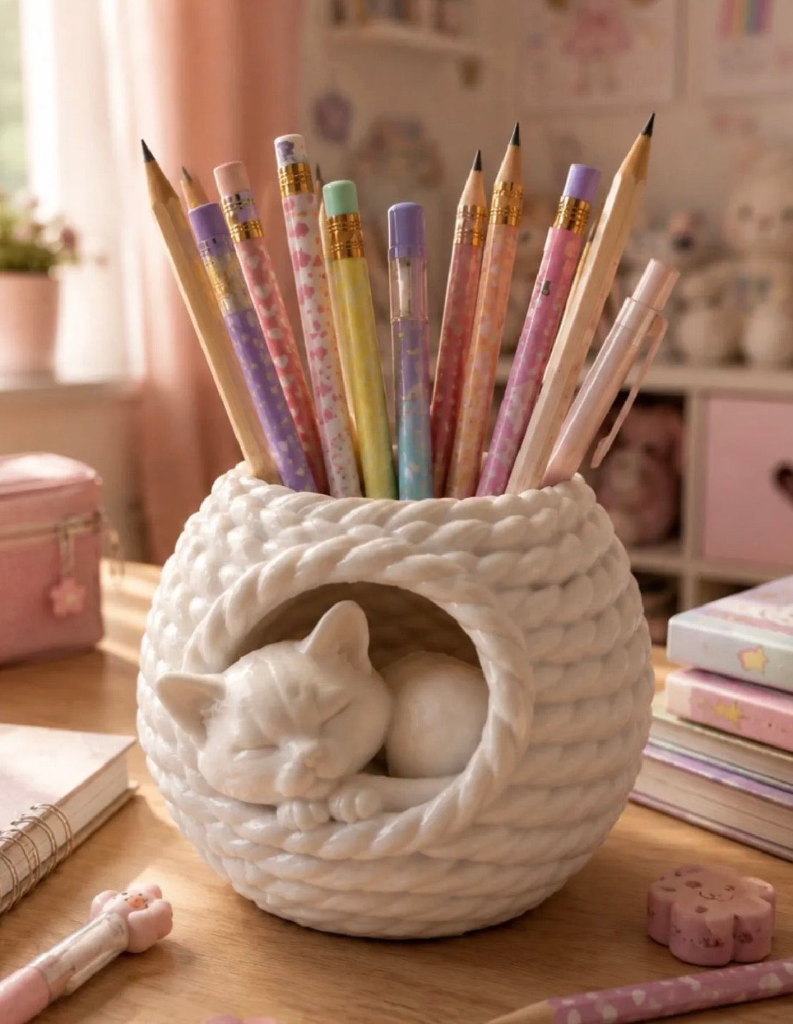 Sleeping Cat Yarn Ball Pencil Holder | 3D Printed Desk Organizer