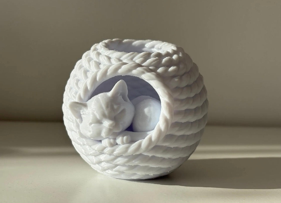Sleeping Cat Yarn Ball Pencil Holder | 3D Printed Desk Organizer
