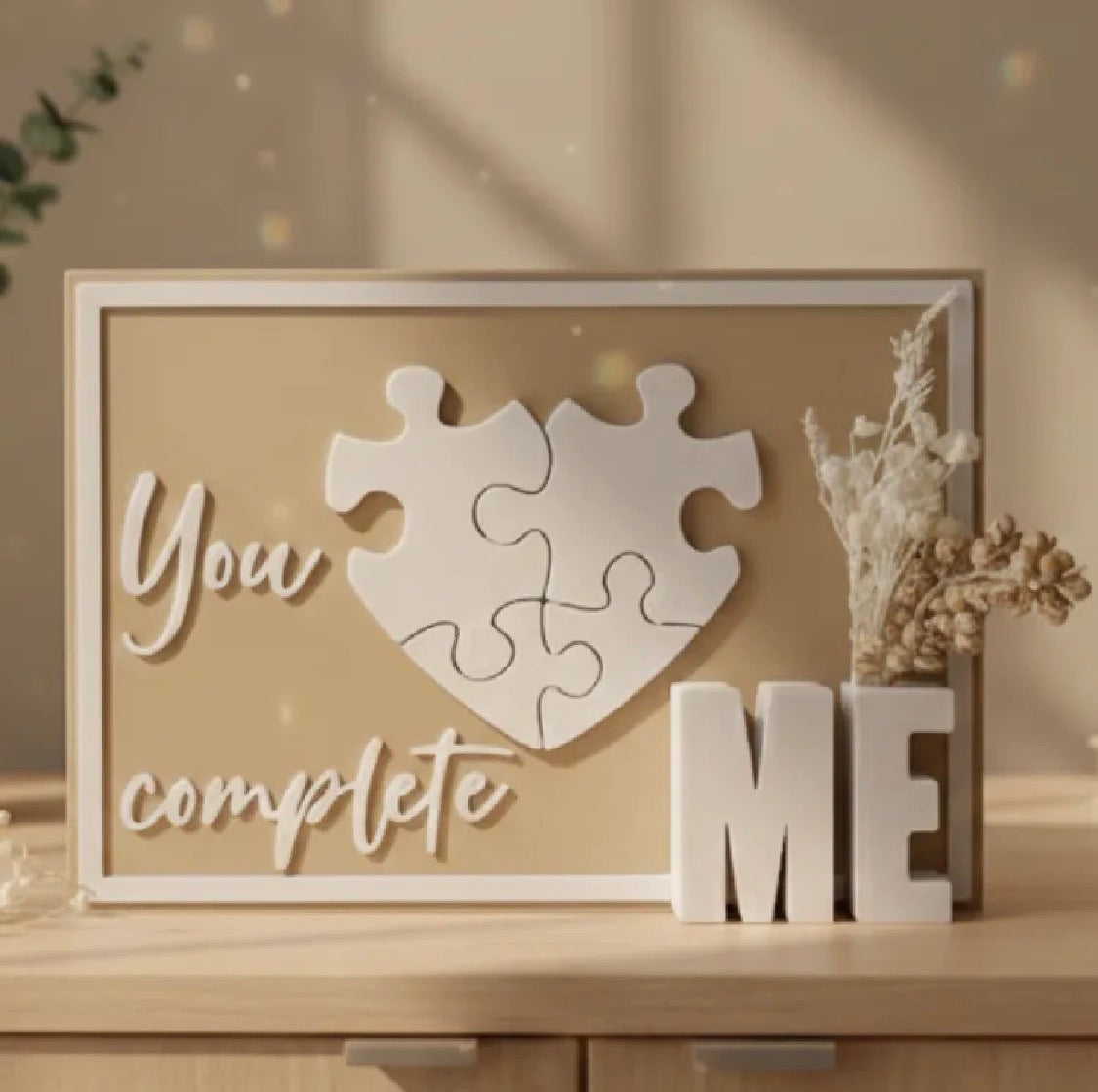 You Complete Me Puzzle Heart Sign with Vase