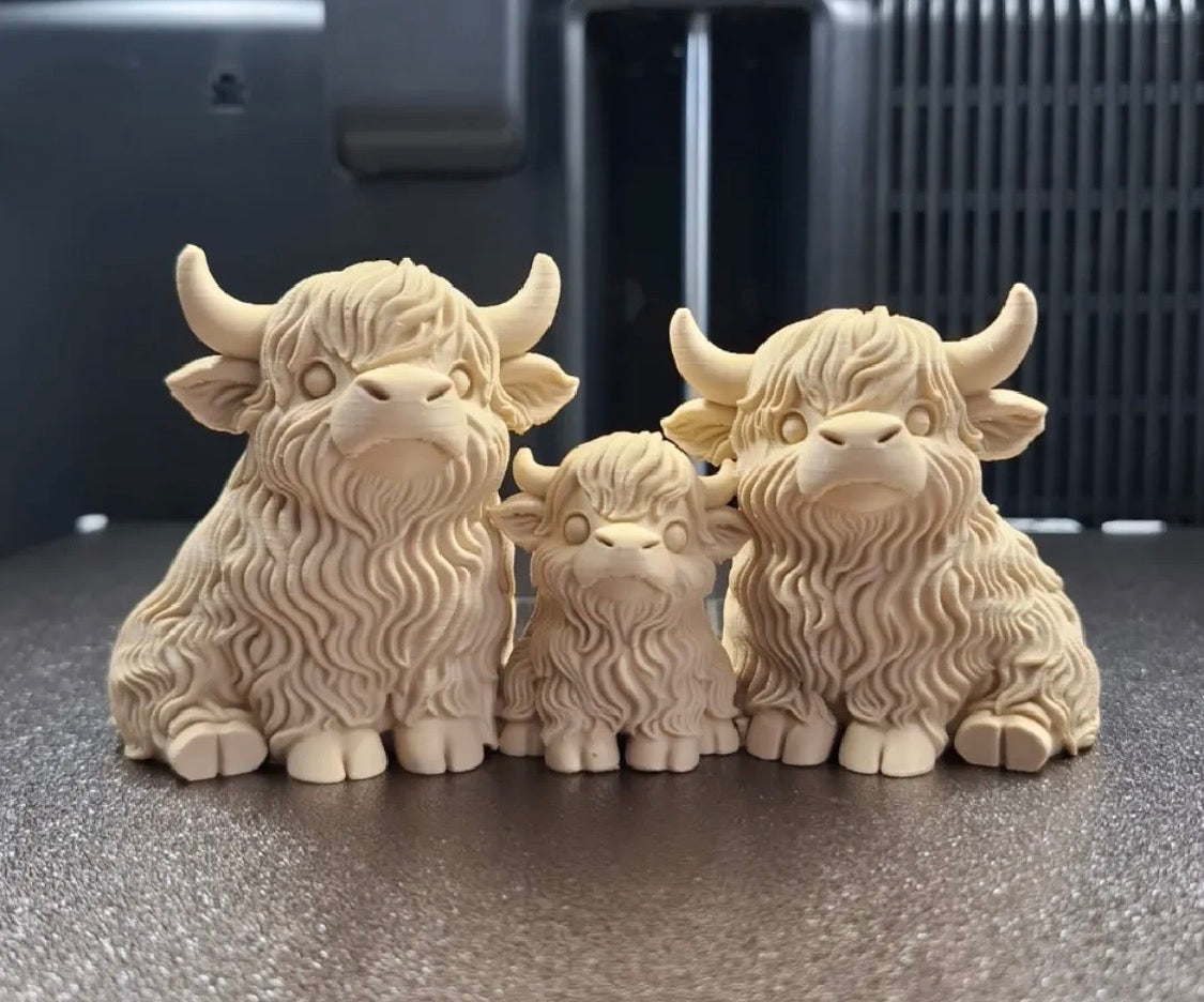 3D Printed Highland Cow Family Figurine Set