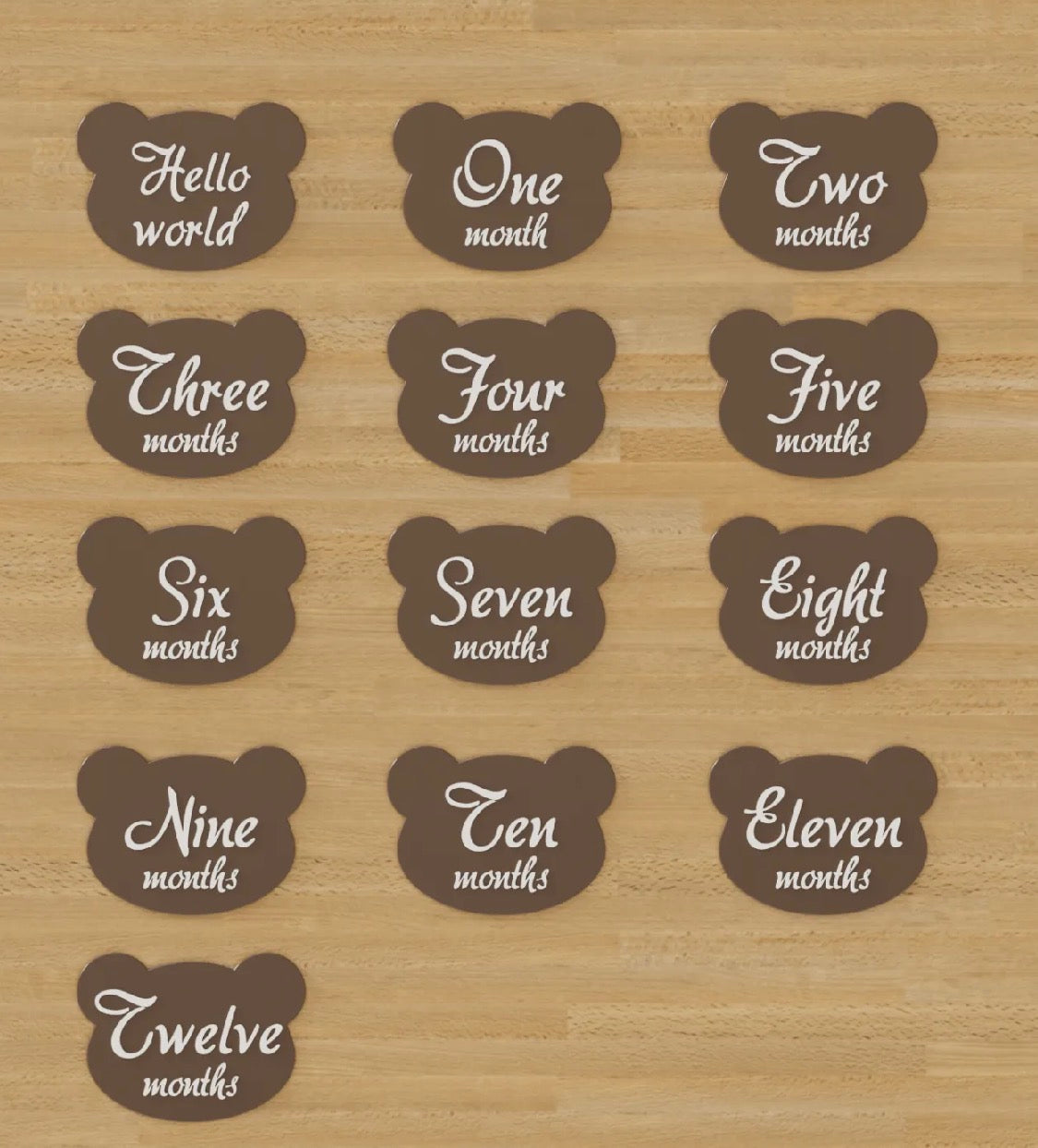 3D Printed Bear Shape Baby Monthly Milestone Set — Hello World + Months 1–12