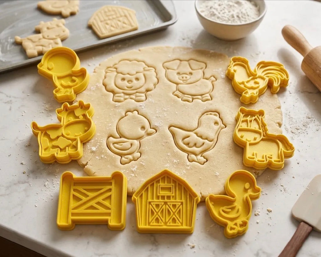Farm animal cookie cutters with rolled dough and baking tools