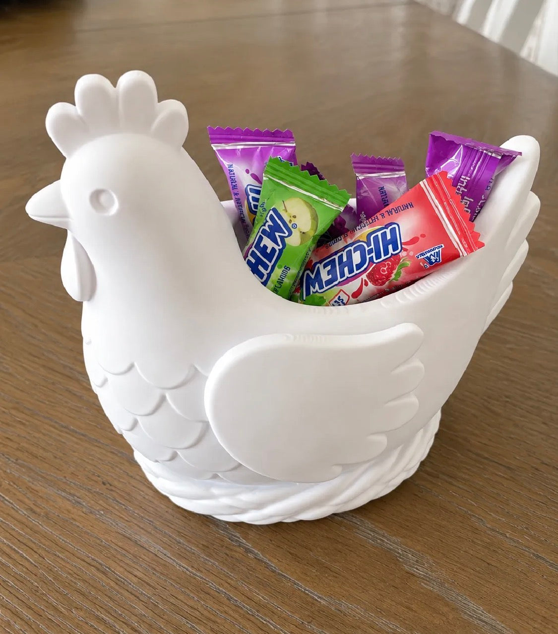 Small chicken candy bowl filled with Hi-Chew candies