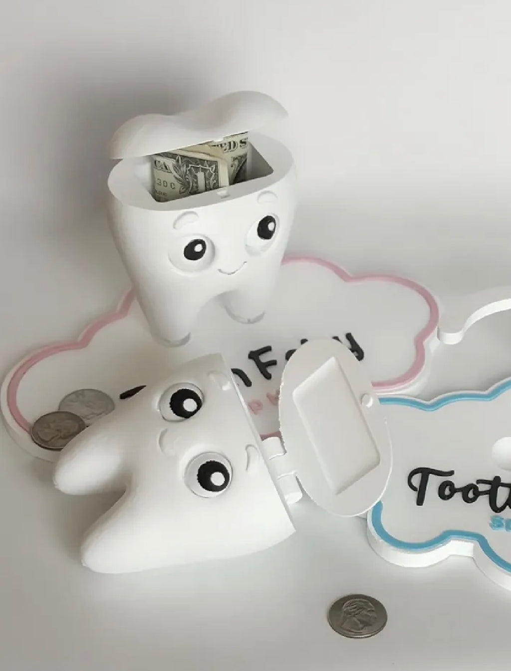 Tooth Fairy Buddy set — close-up of kawaii tooth boxes and cloud trays