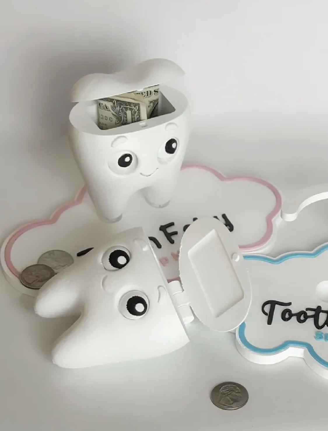 Tooth Fairy Buddy set — close-up of kawaii tooth boxes and cloud trays