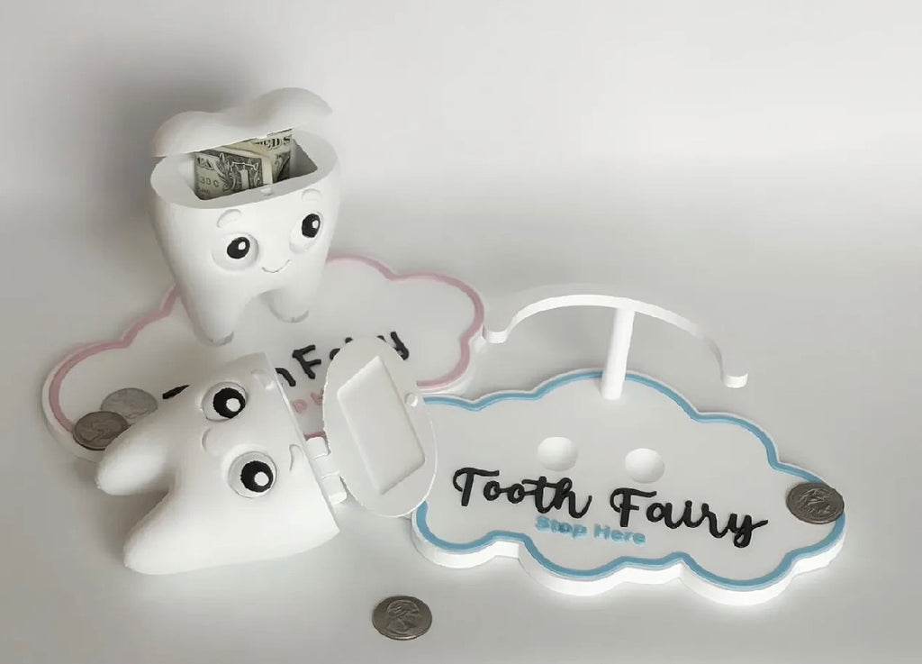 Tooth Fairy Buddy set — angled view of both color options with cloud trays