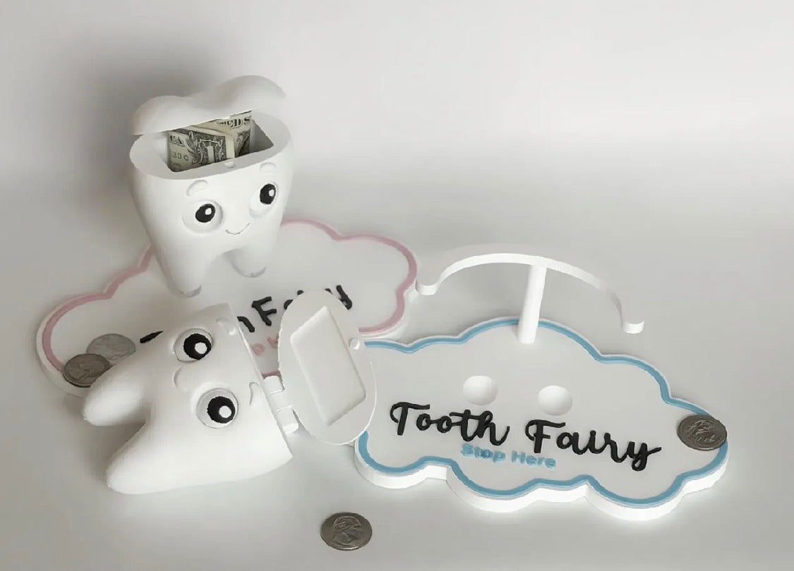 Tooth Fairy Buddy set — angled view of both color options with cloud trays
