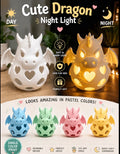 Cute dragon night light product graphic showing day and night glow effect in pastel colors
