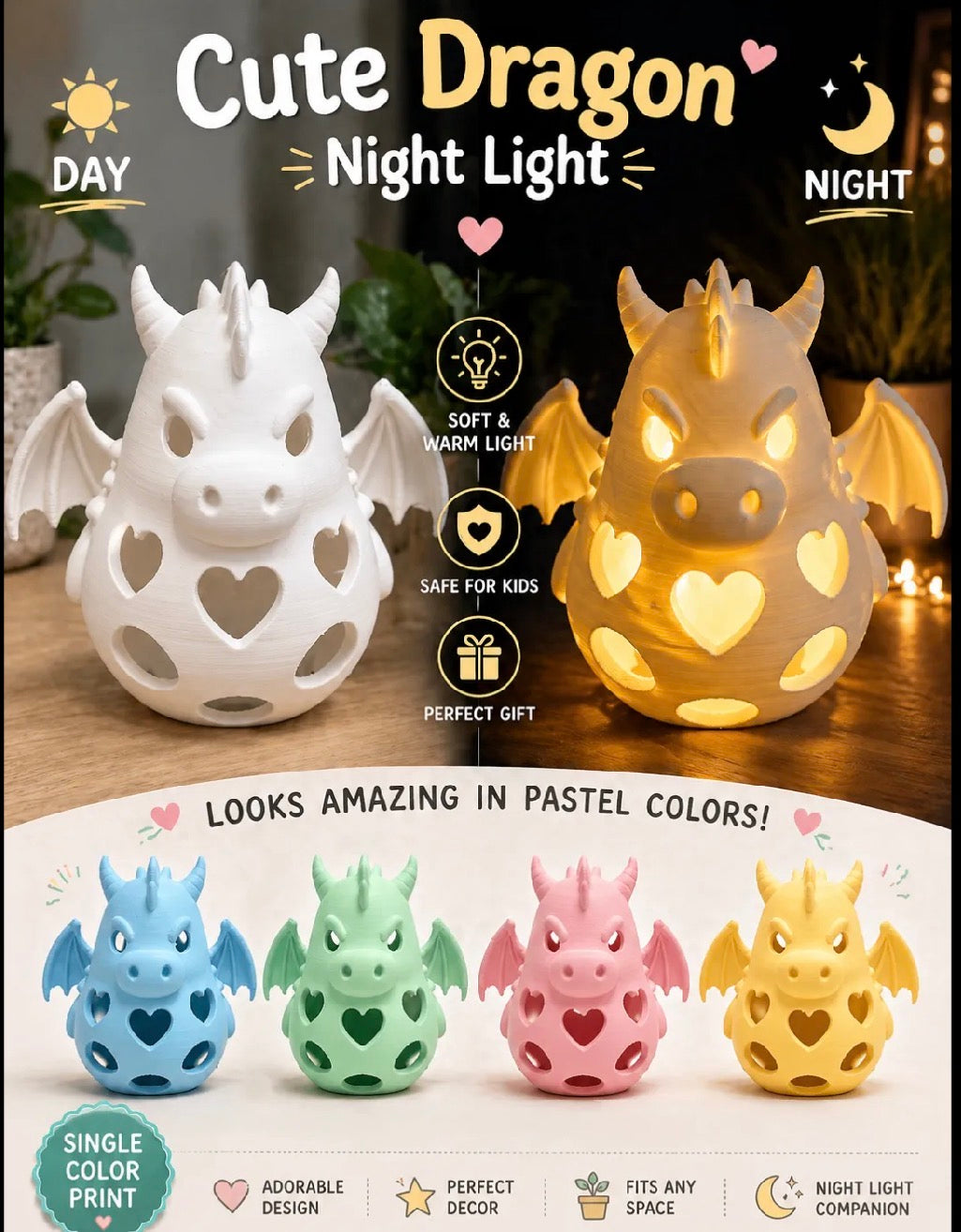 Cute dragon night light product graphic showing day and night glow effect in pastel colors