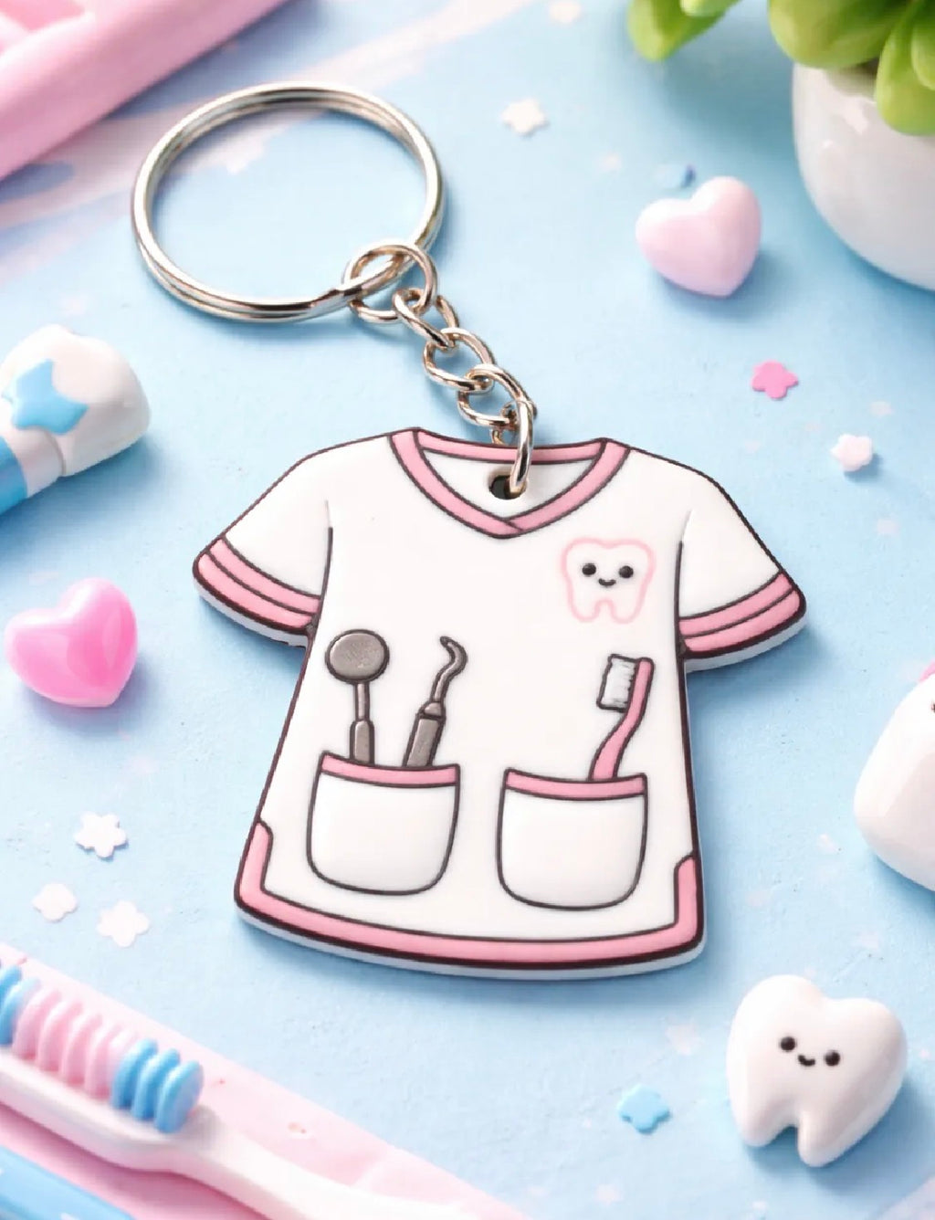 Dental hygienist scrub keychain styled with toothbrushes and kawaii tooth decorations on blue background