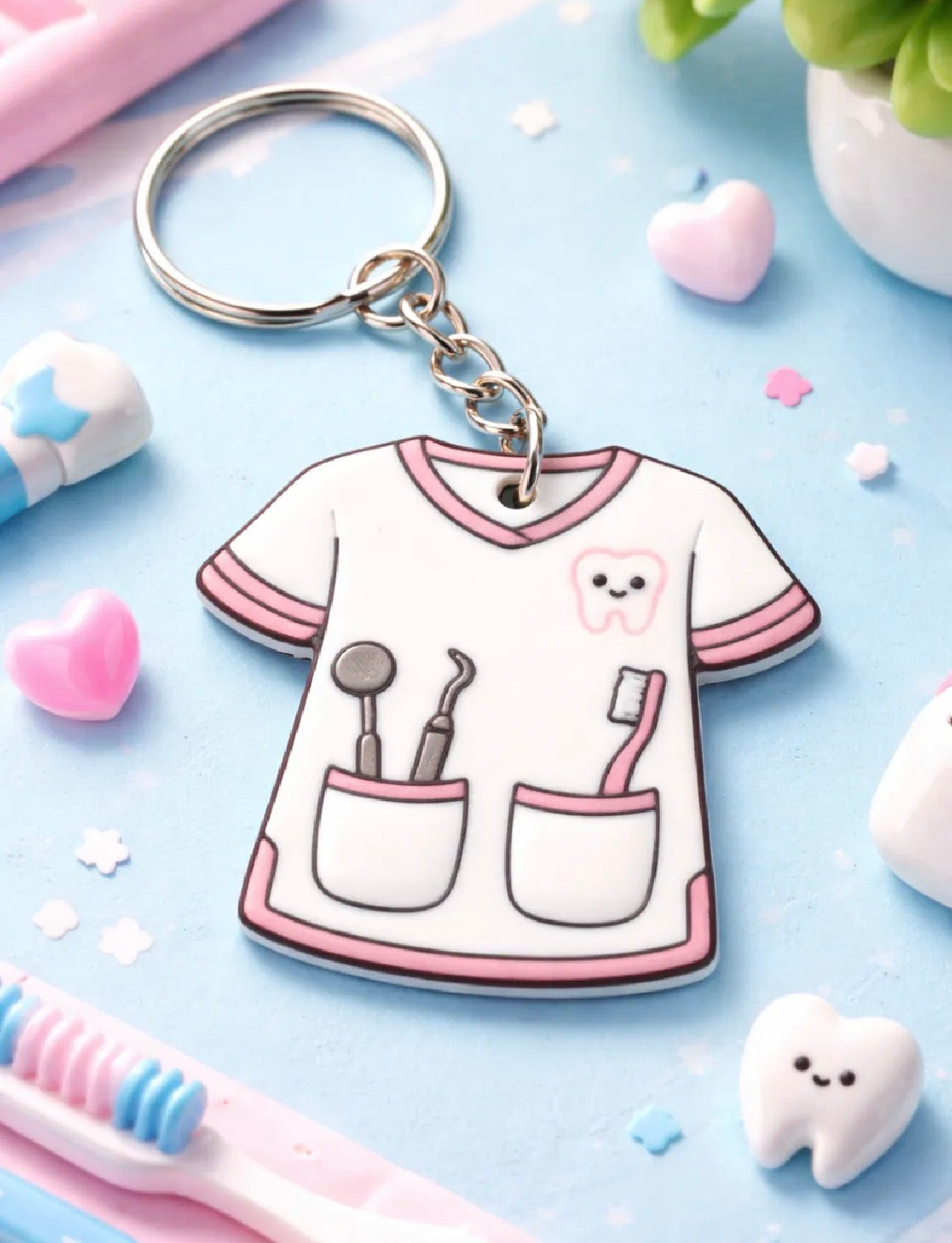 Dental hygienist scrub keychain styled with toothbrushes and kawaii tooth decorations on blue background
