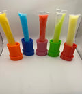 Freeze pop holders in 5 colors — orange, blue, pink, green, red — each holding a freeze pop