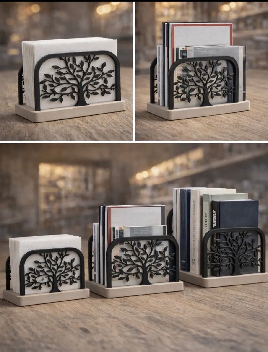 Three sizes of Tree of Life holders displayed on a wooden desk with books and papers