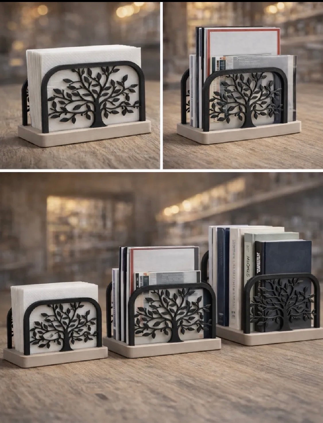 Three sizes of Tree of Life holders displayed on a wooden desk with books and papers