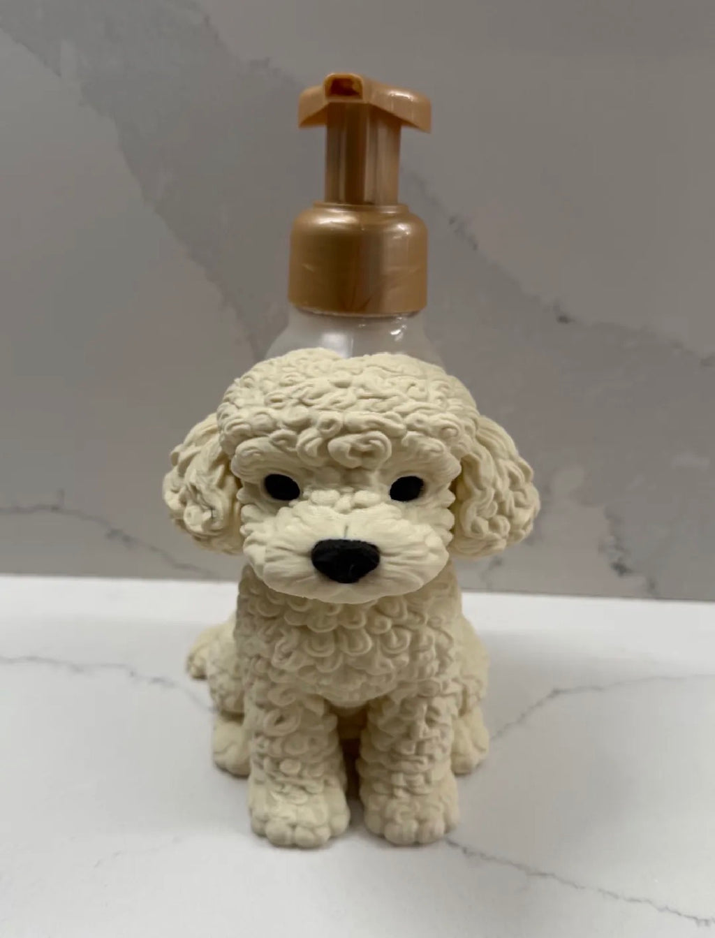 Curly dog soap dispenser holder front view