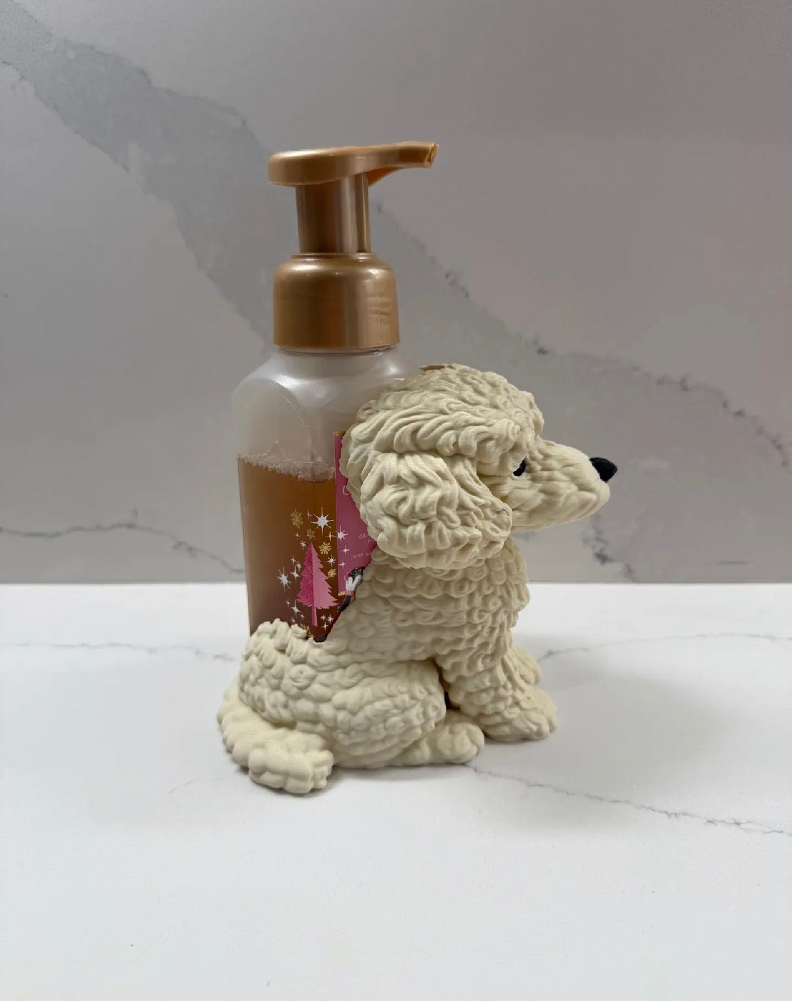 Curly dog soap dispenser holder back view