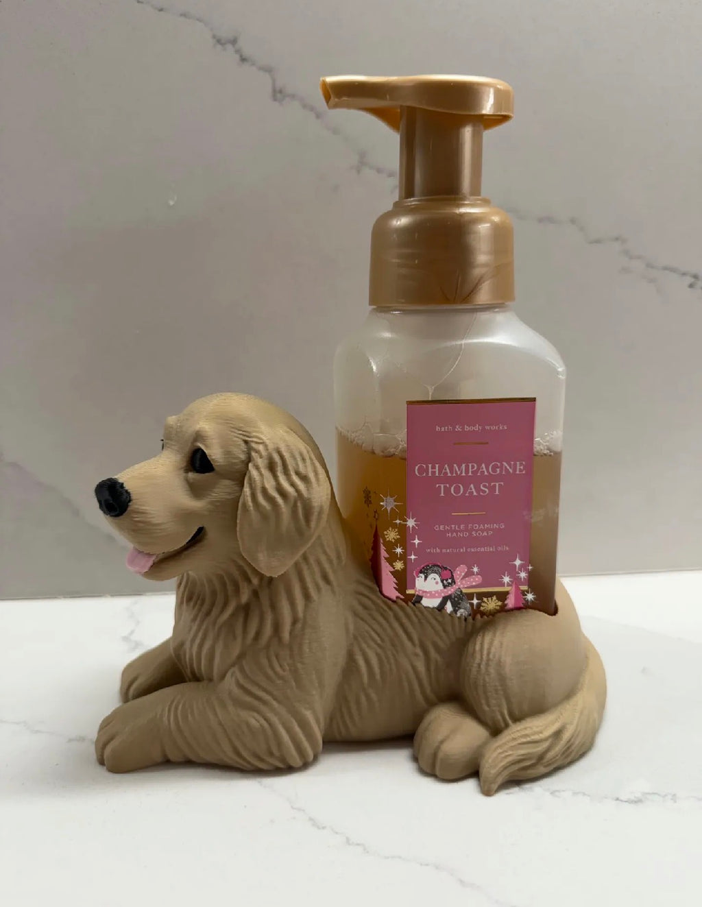 Golden retriever soap dispenser holder side view with soap bottle
