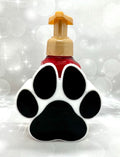 Paw print soap dispenser holder front view black and white