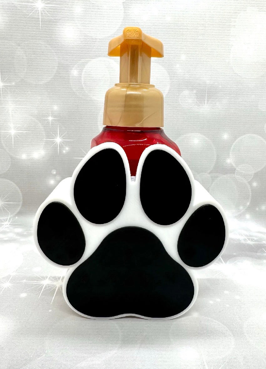 Paw print soap dispenser holder front view slight angle