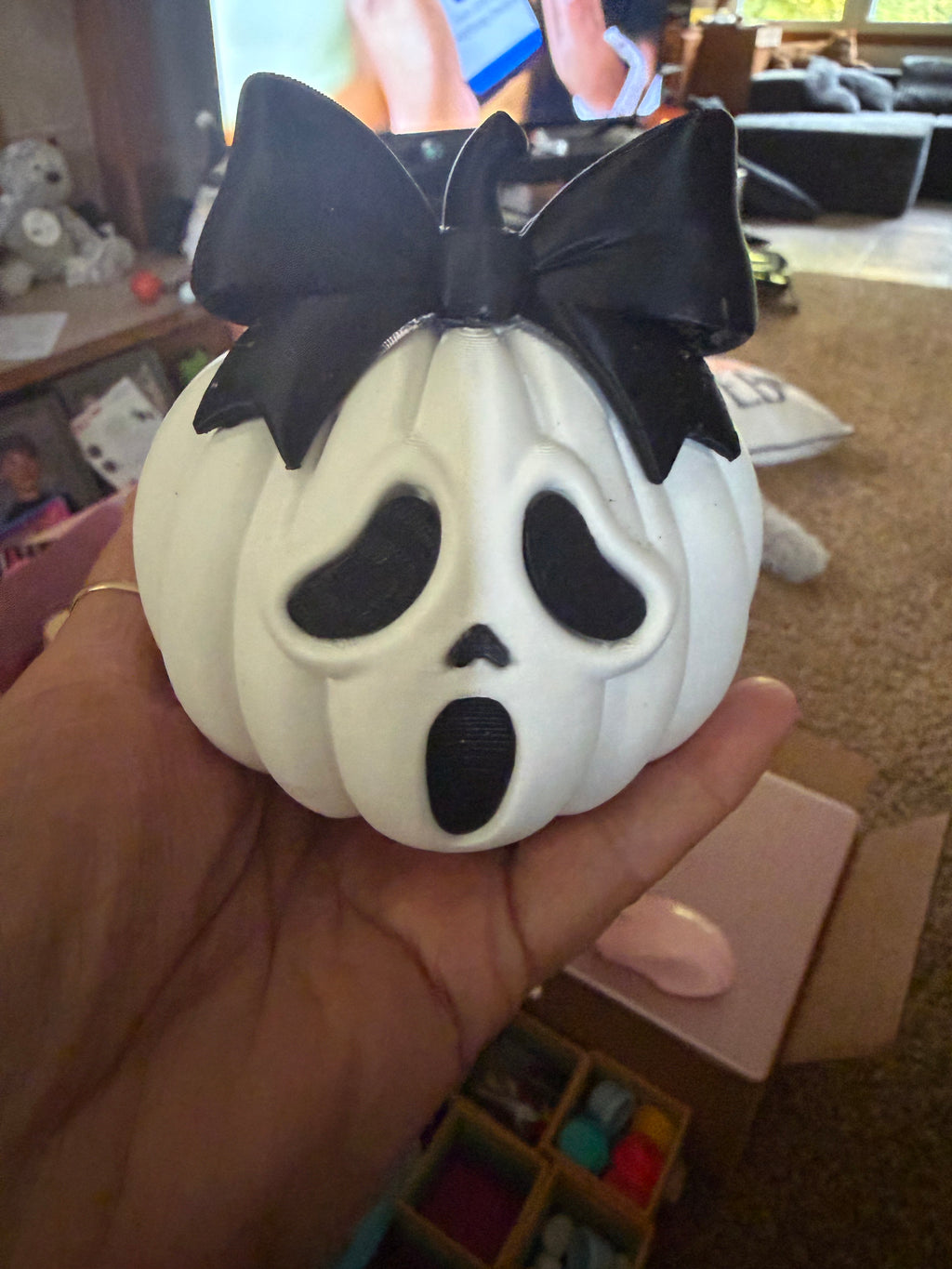 White Ghost-Face Pumpkin with Black Bow – Halloween Decor