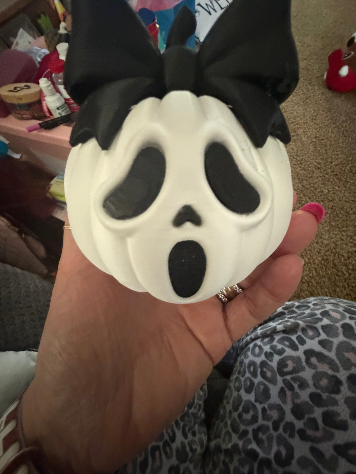 White Ghost-Face Pumpkin with Black Bow – Halloween Decor