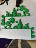 Green Grinch Christmas door corner decorations in left and right designs with trees, presents, and dog silhouettes