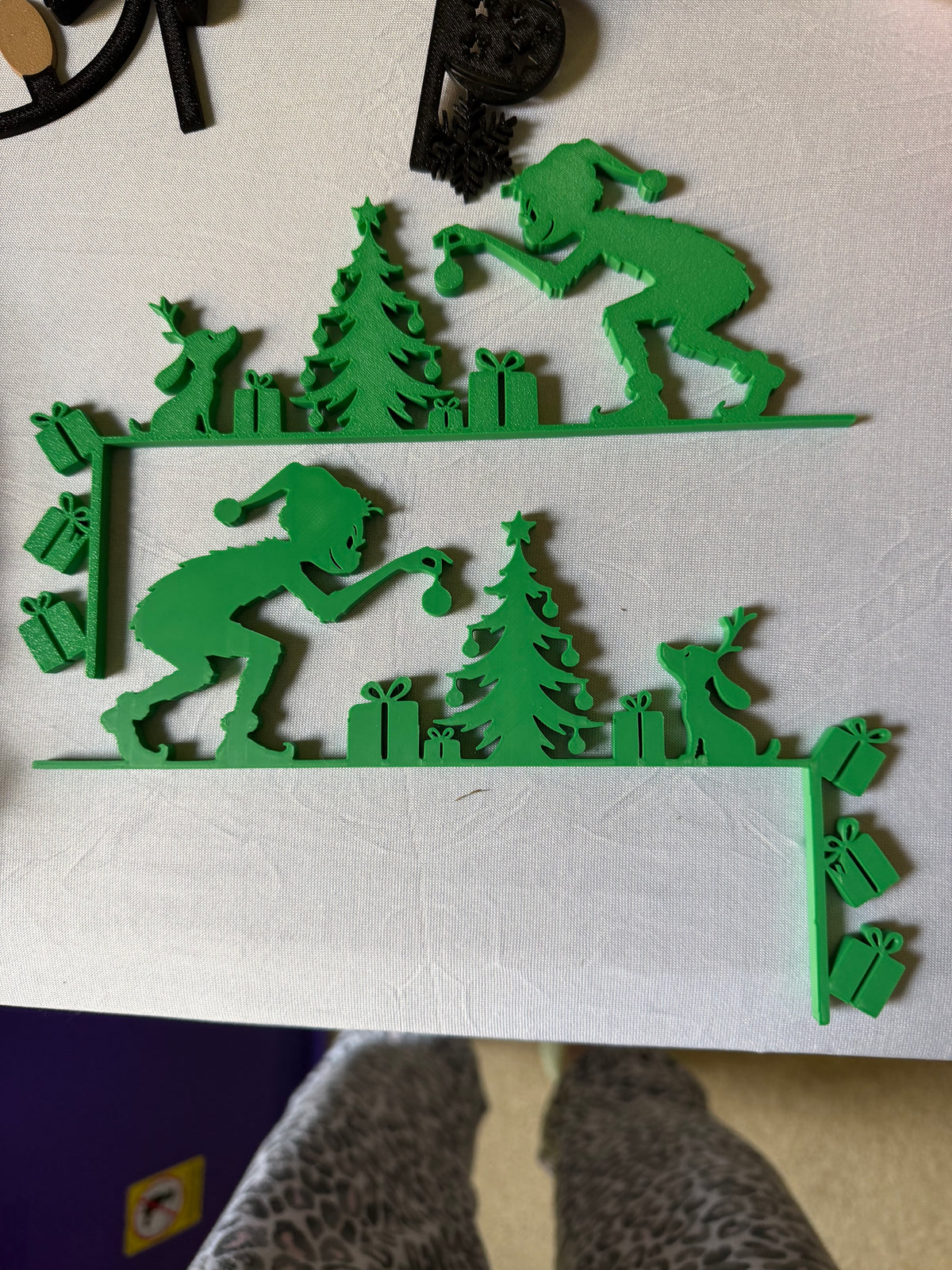 Green Grinch Christmas door corner decorations in left and right designs with trees, presents, and dog silhouettes