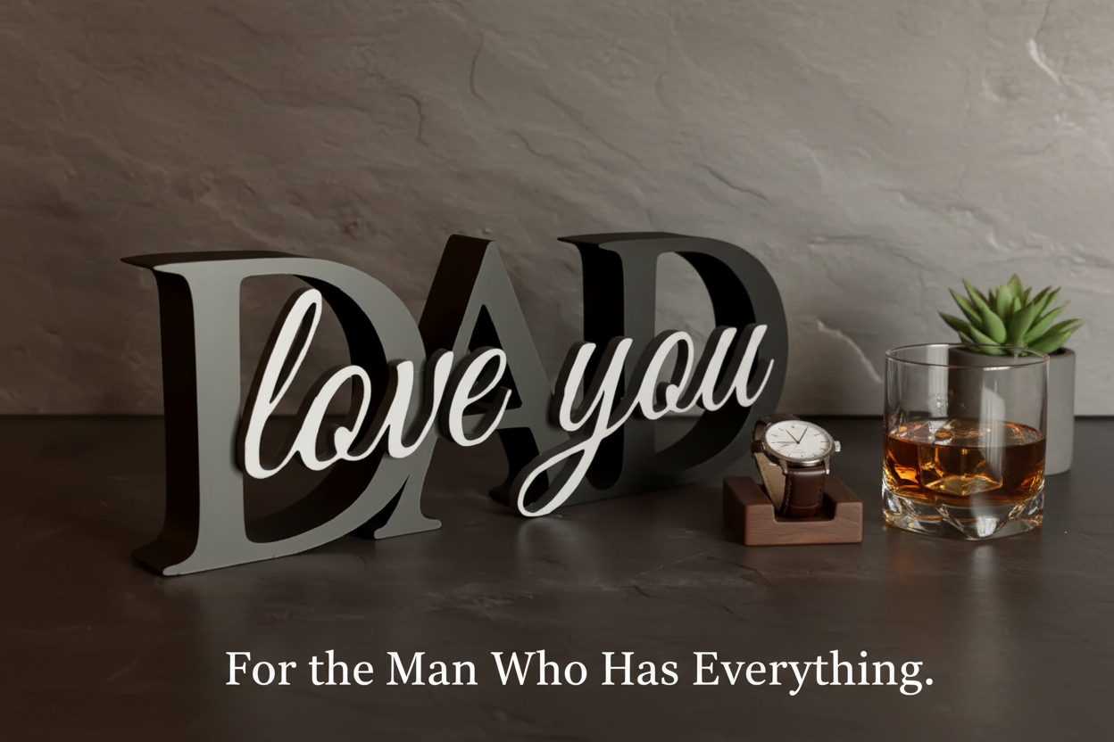 Dark grey and white DAD love you sign styled on dark marble with leather watch and whiskey glass