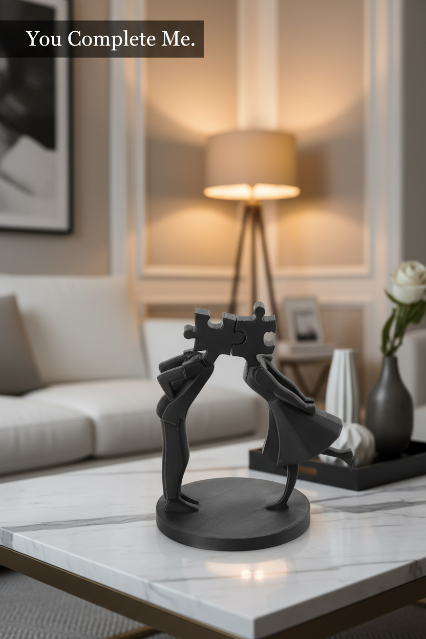 Matte black couple puzzle sculpture styled advertisement on marble table with warm lamp light