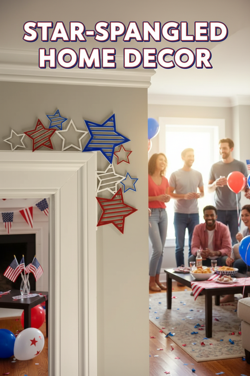 Red white and blue 3D printed star door frame decorations styled in patriotic 4th of July home setting