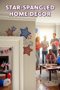 Red white and blue 3D printed star door frame decorations styled in patriotic 4th of July home setting