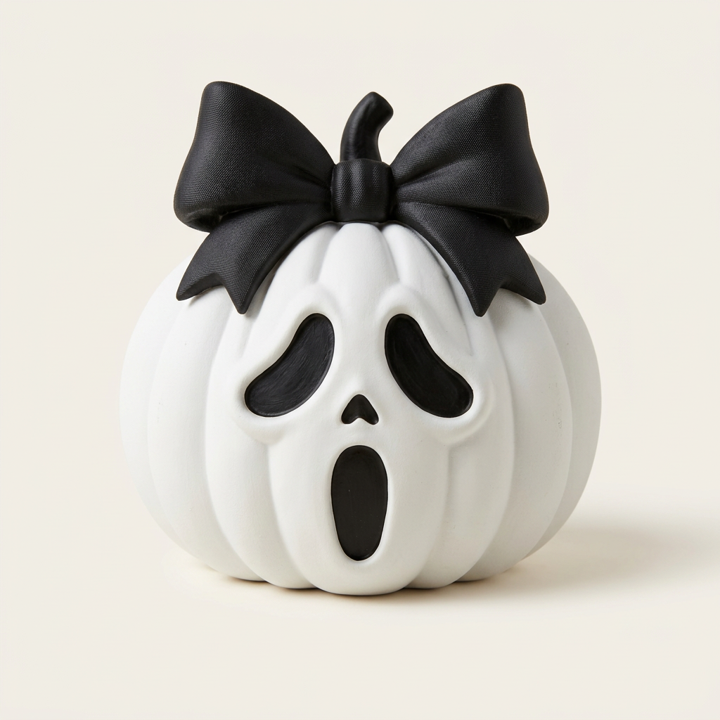 White ribbed ghost-face pumpkin with black bow on a clean white background