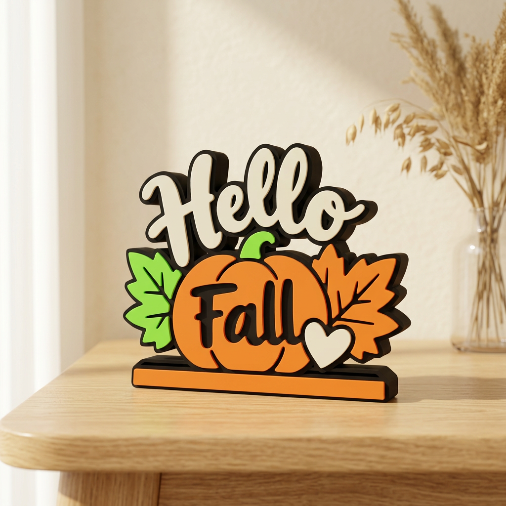 Hello Fall pumpkin and leaves sign on a light wood surface in a warm neutral setting