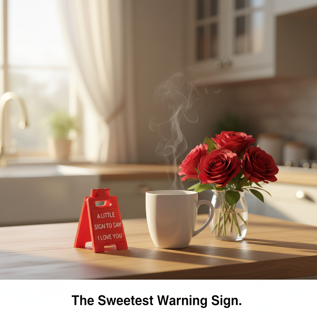Red mini I Love You caution sign styled on kitchen counter with coffee mug and red roses