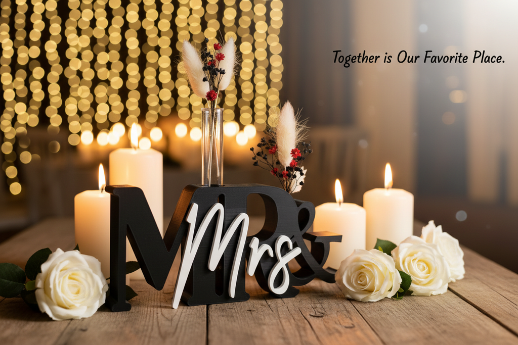 Black and white Mr and Mrs sign with bud vase styled at wedding reception with candles and roses