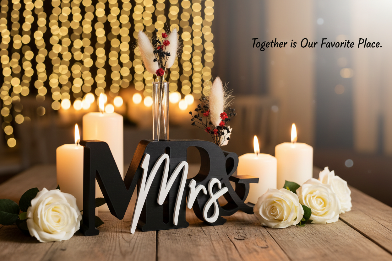 Black and white Mr and Mrs sign with bud vase styled at wedding reception with candles and roses