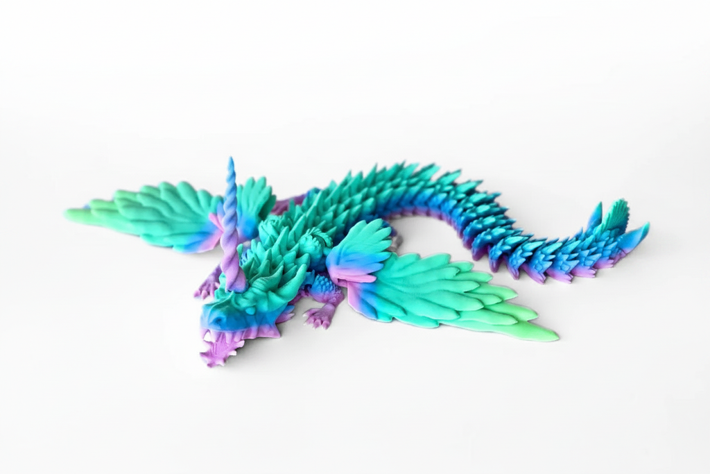 3D printed Draginic dragon in teal and purple gradient