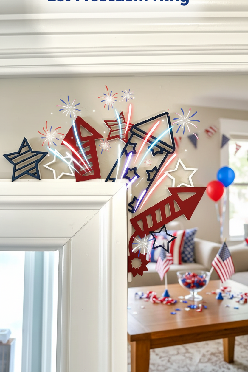 Red white and blue 3D printed firework rocket door frame decorations styled in patriotic 4th of July home setting