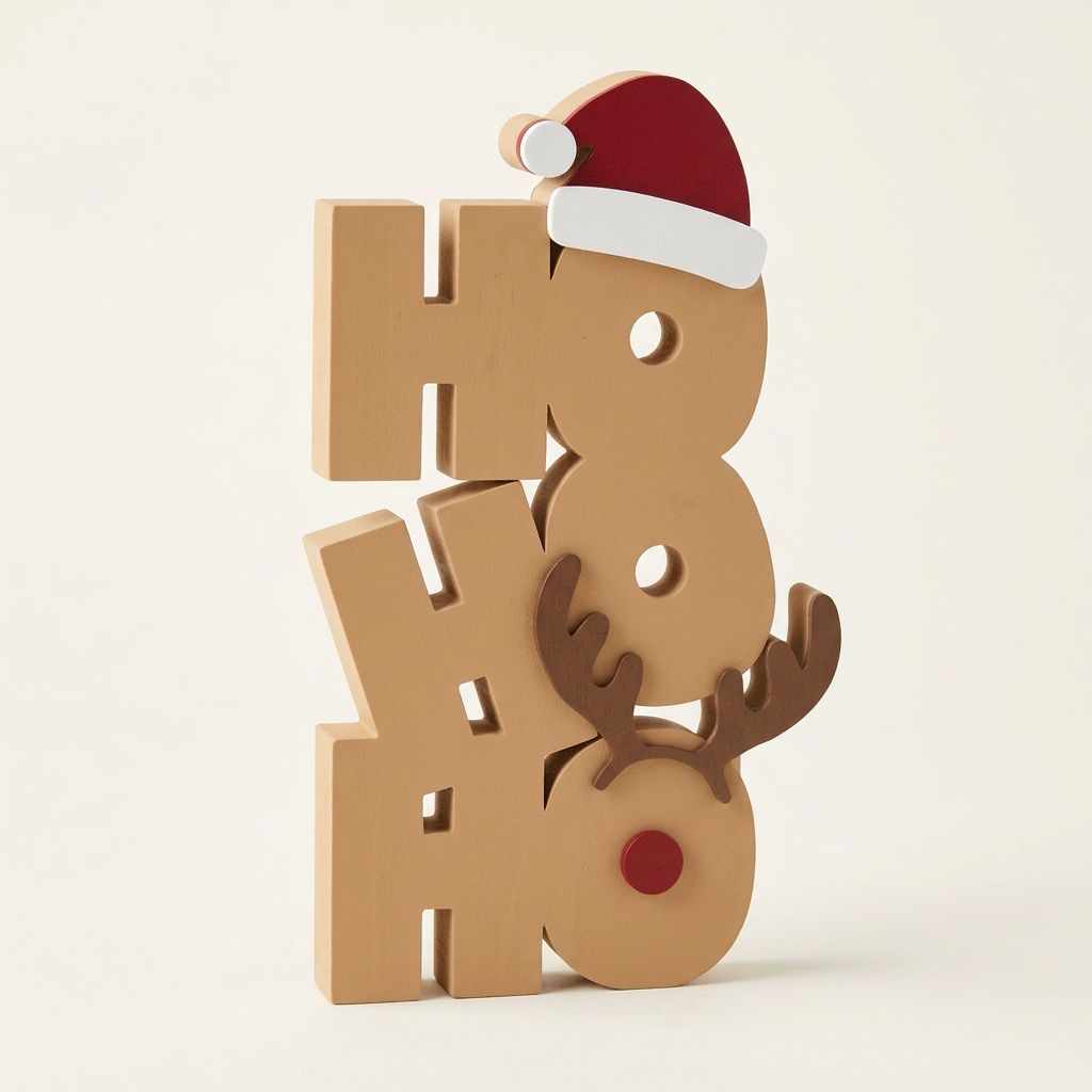 Stacked tan Ho Ho Ho Christmas tabletop sign with red Santa hat, brown antlers, and red nose on a white background