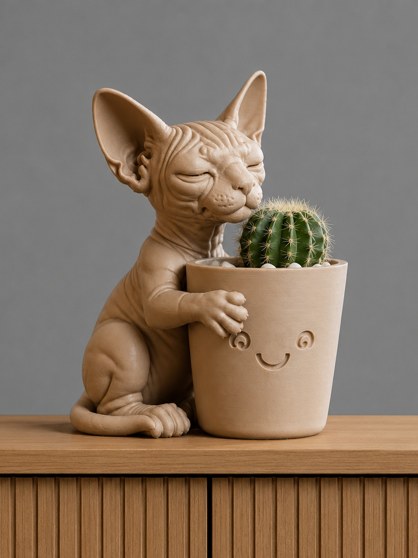 Sphynx cat 3D printed figure hugging a smiling planter with a cactus