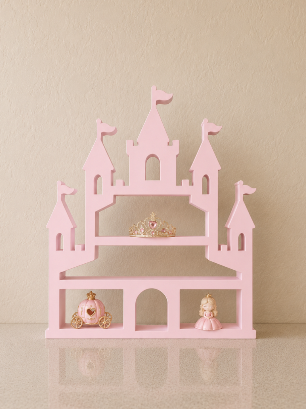 Pink princess castle display shelf with crown and figurines