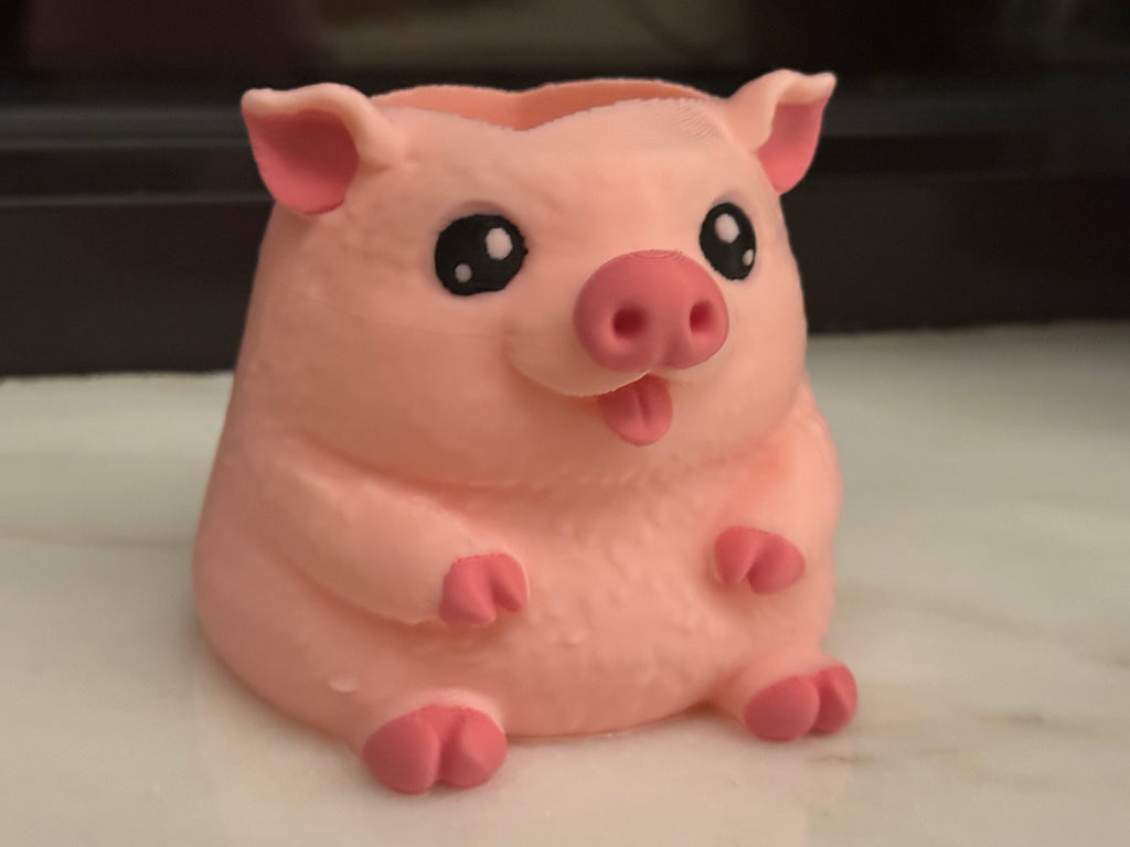 Chubby pig soap dispenser holder front view close up