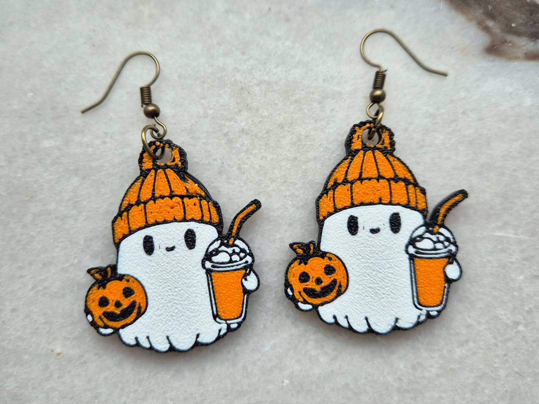 Close-up of ghost Halloween earrings showing painted detail and antique bronze fish hook wires